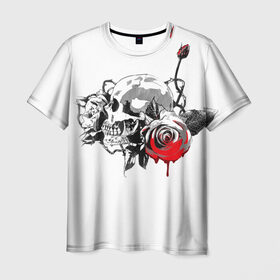 Мужская футболка 3D с принтом Череп с розами в Санкт-Петербурге, 100% полиэфир | прямой крой, круглый вырез горловины, длина до линии бедер | Тематика изображения на принте: готика | кровь | розы | череп | черно белое | шипы