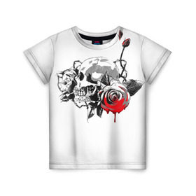 Детская футболка 3D с принтом Череп с розами в Санкт-Петербурге, 100% гипоаллергенный полиэфир | прямой крой, круглый вырез горловины, длина до линии бедер, чуть спущенное плечо, ткань немного тянется | готика | кровь | розы | череп | черно белое | шипы