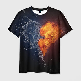 Мужская футболка 3D с принтом Water and flames heart в Санкт-Петербурге, 100% полиэфир | прямой крой, круглый вырез горловины, длина до линии бедер | вода | огонь огонь и вода | пар | прикольное | разное | сердце