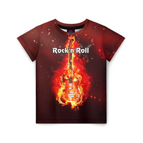 Детская футболка 3D с принтом Rock`n`Roll в Санкт-Петербурге, 100% гипоаллергенный полиэфир | прямой крой, круглый вырез горловины, длина до линии бедер, чуть спущенное плечо, ткань немного тянется | rocknroll | гитара | музыка | рок