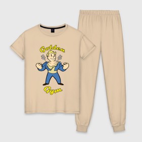 Женская пижама хлопок с принтом Fallout golden gym в Санкт-Петербурге, 100% хлопок | брюки и футболка прямого кроя, без карманов, на брюках мягкая резинка на поясе и по низу штанин | 