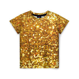 Детская футболка 3D с принтом Золотое мерцание в Санкт-Петербурге, 100% гипоаллергенный полиэфир | прямой крой, круглый вырез горловины, длина до линии бедер, чуть спущенное плечо, ткань немного тянется | Тематика изображения на принте: зеркала | золотая россыпь | золото | золотое | мерцание | свет | яркий
