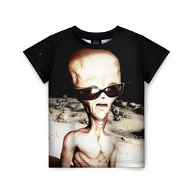 Детская футболка 3D с принтом Пришелец в Санкт-Петербурге, 100% гипоаллергенный полиэфир | прямой крой, круглый вырез горловины, длина до линии бедер, чуть спущенное плечо, ткань немного тянется | инопланетянин | космос | очки | пришелец