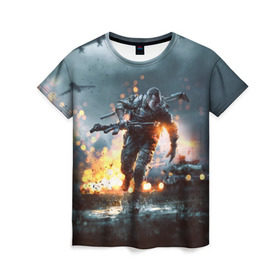 Женская футболка 3D с принтом Battlefield в Санкт-Петербурге, 100% полиэфир ( синтетическое хлопкоподобное полотно) | прямой крой, круглый вырез горловины, длина до линии бедер | battlefield | батла | батлфилд | игра