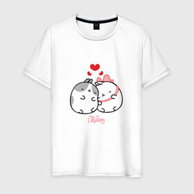 Мужская футболка хлопок с принтом Кролик Моланг (любовь) в Санкт-Петербурге, 100% хлопок | прямой крой, круглый вырез горловины, длина до линии бедер, слегка спущенное плечо. | Тематика изображения на принте: molang | каваи | кролик | любовь | моланг