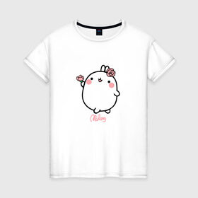 Женская футболка хлопок с принтом Кролик Моланг (цветы) в Санкт-Петербурге, 100% хлопок | прямой крой, круглый вырез горловины, длина до линии бедер, слегка спущенное плечо | molang | каваи | кролик | моланг | няша | цветы