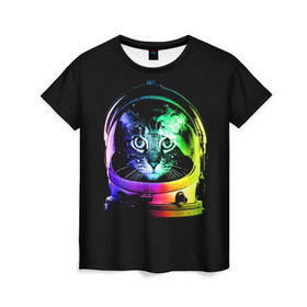 Женская футболка 3D с принтом Кот космонавт в Санкт-Петербурге, 100% полиэфир ( синтетическое хлопкоподобное полотно) | прямой крой, круглый вырез горловины, длина до линии бедер | астронавт | звезды | космокот | космонавт | космос | кот | радуга