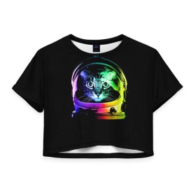 Женская футболка 3D укороченная с принтом Кот космонавт в Санкт-Петербурге, 100% полиэстер | круглая горловина, длина футболки до линии талии, рукава с отворотами | астронавт | звезды | космокот | космонавт | космос | кот | радуга