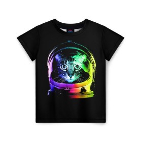 Детская футболка 3D с принтом Кот космонавт в Санкт-Петербурге, 100% гипоаллергенный полиэфир | прямой крой, круглый вырез горловины, длина до линии бедер, чуть спущенное плечо, ткань немного тянется | астронавт | звезды | космокот | космонавт | космос | кот | радуга
