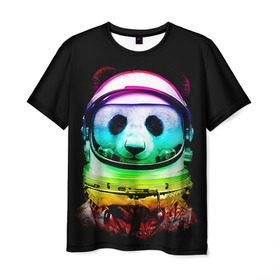 Мужская футболка 3D с принтом Панда космонавт в Санкт-Петербурге, 100% полиэфир | прямой крой, круглый вырез горловины, длина до линии бедер | астронавт | звезды | космонавт | космос | панда | радуга