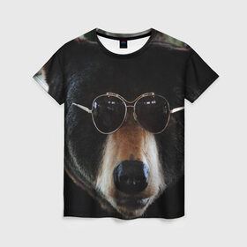 Женская футболка 3D с принтом Медведь в очках в Санкт-Петербурге, 100% полиэфир ( синтетическое хлопкоподобное полотно) | прямой крой, круглый вырез горловины, длина до линии бедер | животное | медведь | новая | очки | природа | стильная