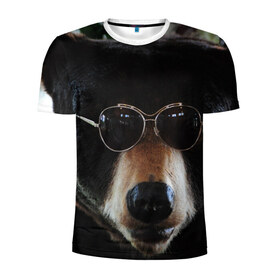Мужская футболка 3D спортивная с принтом Медведь в очках в Санкт-Петербурге, 100% полиэстер с улучшенными характеристиками | приталенный силуэт, круглая горловина, широкие плечи, сужается к линии бедра | Тематика изображения на принте: животное | медведь | новая | очки | природа | стильная