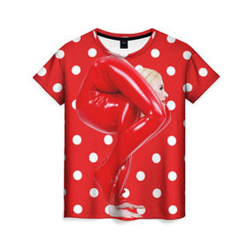 Женская футболка 3D с принтом Гибкость в Санкт-Петербурге, 100% полиэфир ( синтетическое хлопкоподобное полотно) | прямой крой, круглый вырез горловины, длина до линии бедер | белый | германия | гибкость | горошек | девушка | красный | латекс | юлия гюнтель