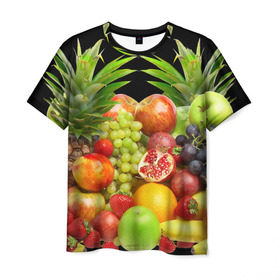 Мужская футболка 3D с принтом Фрукты в Санкт-Петербурге, 100% полиэфир | прямой крой, круглый вырез горловины, длина до линии бедер | Тематика изображения на принте: ананас | апельсин | арбуз | банан | виноград | гранат | груша | клубника | фрукты | яблоко | ягоды