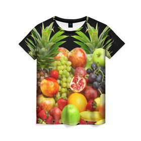 Женская футболка 3D с принтом Фрукты в Санкт-Петербурге, 100% полиэфир ( синтетическое хлопкоподобное полотно) | прямой крой, круглый вырез горловины, длина до линии бедер | ананас | апельсин | арбуз | банан | виноград | гранат | груша | клубника | фрукты | яблоко | ягоды
