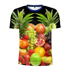 Мужская футболка 3D спортивная с принтом Фрукты в Санкт-Петербурге, 100% полиэстер с улучшенными характеристиками | приталенный силуэт, круглая горловина, широкие плечи, сужается к линии бедра | ананас | апельсин | арбуз | банан | виноград | гранат | груша | клубника | фрукты | яблоко | ягоды