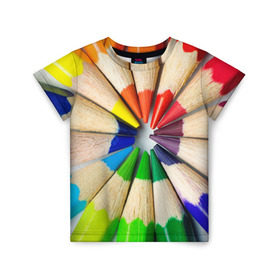 Детская футболка 3D с принтом Карандаши в Санкт-Петербурге, 100% гипоаллергенный полиэфир | прямой крой, круглый вырез горловины, длина до линии бедер, чуть спущенное плечо, ткань немного тянется | Тематика изображения на принте: карандаш | радуга | разноцветная | цветная