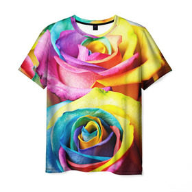 Мужская футболка 3D с принтом Радужная роза в Санкт-Петербурге, 100% полиэфир | прямой крой, круглый вырез горловины, длина до линии бедер | Тематика изображения на принте: бутон | лепестки | радуга | радужная роза | спектр | цвет | цветные | яркий