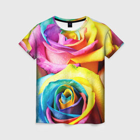 Женская футболка 3D с принтом Радужная роза в Санкт-Петербурге, 100% полиэфир ( синтетическое хлопкоподобное полотно) | прямой крой, круглый вырез горловины, длина до линии бедер | бутон | лепестки | радуга | радужная роза | спектр | цвет | цветные | яркий