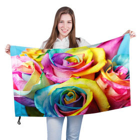 Флаг 3D с принтом Радужная роза в Санкт-Петербурге, 100% полиэстер | плотность ткани — 95 г/м2, размер — 67 х 109 см. Принт наносится с одной стороны | бутон | лепестки | радуга | радужная роза | спектр | цвет | цветные | яркий