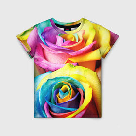 Детская футболка 3D с принтом Радужная роза в Санкт-Петербурге, 100% гипоаллергенный полиэфир | прямой крой, круглый вырез горловины, длина до линии бедер, чуть спущенное плечо, ткань немного тянется | Тематика изображения на принте: бутон | лепестки | радуга | радужная роза | спектр | цвет | цветные | яркий