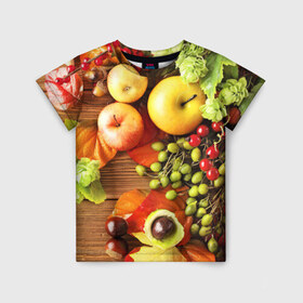 Детская футболка 3D с принтом Фрукты в Санкт-Петербурге, 100% гипоаллергенный полиэфир | прямой крой, круглый вырез горловины, длина до линии бедер, чуть спущенное плечо, ткань немного тянется | зелень | натюрморт | плоды | фрукты | яблоки | ягоды