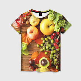 Женская футболка 3D с принтом Фрукты в Санкт-Петербурге, 100% полиэфир ( синтетическое хлопкоподобное полотно) | прямой крой, круглый вырез горловины, длина до линии бедер | зелень | натюрморт | плоды | фрукты | яблоки | ягоды