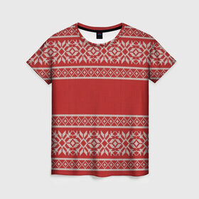 Женская футболка 3D с принтом Вязанный принт в Санкт-Петербурге, 100% полиэфир ( синтетическое хлопкоподобное полотно) | прямой крой, круглый вырез горловины, длина до линии бедер | вышивка | красная | свитер | узор