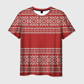 Мужская футболка 3D с принтом Вязанный принт в Санкт-Петербурге, 100% полиэфир | прямой крой, круглый вырез горловины, длина до линии бедер | Тематика изображения на принте: вышивка | красная | свитер | узор