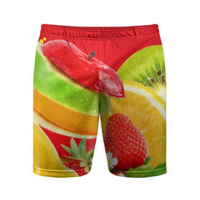 Мужские шорты 3D спортивные с принтом Фрукты в Санкт-Петербурге,  |  | fresh | апедьсин | киви | клубника | пузыри | сок | фреш | фрукты | яблоко | ягоды