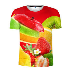 Мужская футболка 3D спортивная с принтом Фрукты в Санкт-Петербурге, 100% полиэстер с улучшенными характеристиками | приталенный силуэт, круглая горловина, широкие плечи, сужается к линии бедра | fresh | апедьсин | киви | клубника | пузыри | сок | фреш | фрукты | яблоко | ягоды