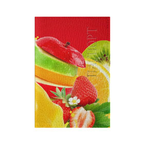 Обложка для паспорта матовая кожа с принтом Фрукты в Санкт-Петербурге, натуральная матовая кожа | размер 19,3 х 13,7 см; прозрачные пластиковые крепления | fresh | апедьсин | киви | клубника | пузыри | сок | фреш | фрукты | яблоко | ягоды