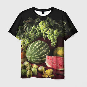 Мужская футболка 3D с принтом Арбуз в Санкт-Петербурге, 100% полиэфир | прямой крой, круглый вырез горловины, длина до линии бедер | Тематика изображения на принте: арбуз | виноград | каштан | натюрморт | плоды | ягоды
