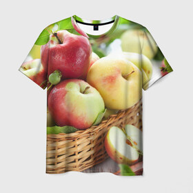 Мужская футболка 3D с принтом Яблоки в Санкт-Петербурге, 100% полиэфир | прямой крой, круглый вырез горловины, длина до линии бедер | корзина | красные | яблоки
