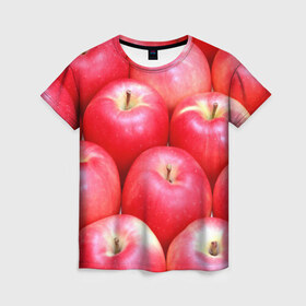 Женская футболка 3D с принтом Яблоки в Санкт-Петербурге, 100% полиэфир ( синтетическое хлопкоподобное полотно) | прямой крой, круглый вырез горловины, длина до линии бедер | красные | плоды | уражай | фрукты | яблоки