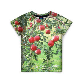 Детская футболка 3D с принтом Яблоки в Санкт-Петербурге, 100% гипоаллергенный полиэфир | прямой крой, круглый вырез горловины, длина до линии бедер, чуть спущенное плечо, ткань немного тянется | Тематика изображения на принте: дерево | зелень | красные | сад | яблоки