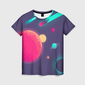 Женская футболка 3D с принтом Космос в Санкт-Петербурге, 100% полиэфир ( синтетическое хлопкоподобное полотно) | прямой крой, круглый вырез горловины, длина до линии бедер | swag | в космосе | космос | луна | минимализм | небо