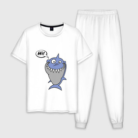 Мужская пижама хлопок с принтом Акула в Санкт-Петербурге, 100% хлопок | брюки и футболка прямого кроя, без карманов, на брюках мягкая резинка на поясе и по низу штанин
 | hi | shark | привет