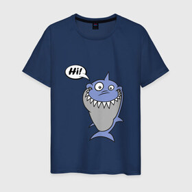 Мужская футболка хлопок с принтом Акула в Санкт-Петербурге, 100% хлопок | прямой крой, круглый вырез горловины, длина до линии бедер, слегка спущенное плечо. | hi | shark | привет