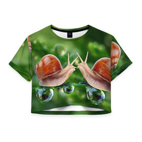 Женская футболка 3D укороченная с принтом Улитки в Санкт-Петербурге, 100% полиэстер | круглая горловина, длина футболки до линии талии, рукава с отворотами | зеленая | любовь | природа | улитка