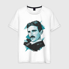 Мужская футболка хлопок с принтом Тесла в Санкт-Петербурге, 100% хлопок | прямой крой, круглый вырез горловины, длина до линии бедер, слегка спущенное плечо. | графика | никола тесла | портрет | электричество