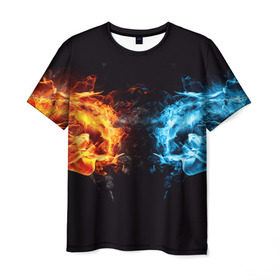 Мужская футболка 3D с принтом Лёд и пламя в Санкт-Петербурге, 100% полиэфир | прямой крой, круглый вырез горловины, длина до линии бедер | Тематика изображения на принте: вода | красный | лёд и пламя | огонь | руки | синий | столкновение | удар