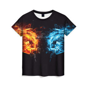 Женская футболка 3D с принтом Лёд и пламя в Санкт-Петербурге, 100% полиэфир ( синтетическое хлопкоподобное полотно) | прямой крой, круглый вырез горловины, длина до линии бедер | вода | красный | лёд и пламя | огонь | руки | синий | столкновение | удар