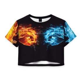 Женская футболка 3D укороченная с принтом Лёд и пламя в Санкт-Петербурге, 100% полиэстер | круглая горловина, длина футболки до линии талии, рукава с отворотами | вода | красный | лёд и пламя | огонь | руки | синий | столкновение | удар
