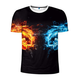 Мужская футболка 3D спортивная с принтом Лёд и пламя в Санкт-Петербурге, 100% полиэстер с улучшенными характеристиками | приталенный силуэт, круглая горловина, широкие плечи, сужается к линии бедра | вода | красный | лёд и пламя | огонь | руки | синий | столкновение | удар