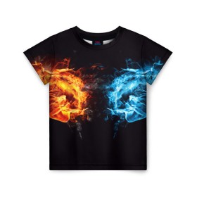 Детская футболка 3D с принтом Лёд и пламя в Санкт-Петербурге, 100% гипоаллергенный полиэфир | прямой крой, круглый вырез горловины, длина до линии бедер, чуть спущенное плечо, ткань немного тянется | вода | красный | лёд и пламя | огонь | руки | синий | столкновение | удар