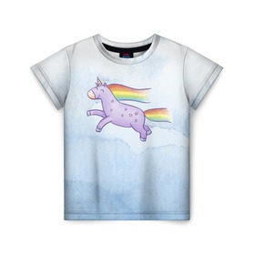 Детская футболка 3D с принтом Единорожка в Санкт-Петербурге, 100% гипоаллергенный полиэфир | прямой крой, круглый вырез горловины, длина до линии бедер, чуть спущенное плечо, ткань немного тянется | единорог | лошадь | радость | радуга