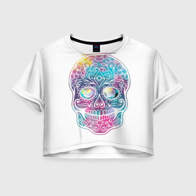 Женская футболка 3D укороченная с принтом Космический череп в Санкт-Петербурге, 100% полиэстер | круглая горловина, длина футболки до линии талии, рукава с отворотами | космос | кости | узоры | череп