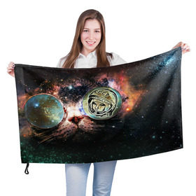 Флаг 3D с принтом Гагарин 3 в Санкт-Петербурге, 100% полиэстер | плотность ткани — 95 г/м2, размер — 67 х 109 см. Принт наносится с одной стороны | 12 апреля | гагарин | день космонавтики | космонавт | космонавтика | космос | юра | юрий
