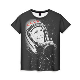 Женская футболка 3D с принтом Гагарин 6 в Санкт-Петербурге, 100% полиэфир ( синтетическое хлопкоподобное полотно) | прямой крой, круглый вырез горловины, длина до линии бедер | 12 апреля | гагарин | день космонавтики | космонавт | космонавтика | космос | юра | юрий